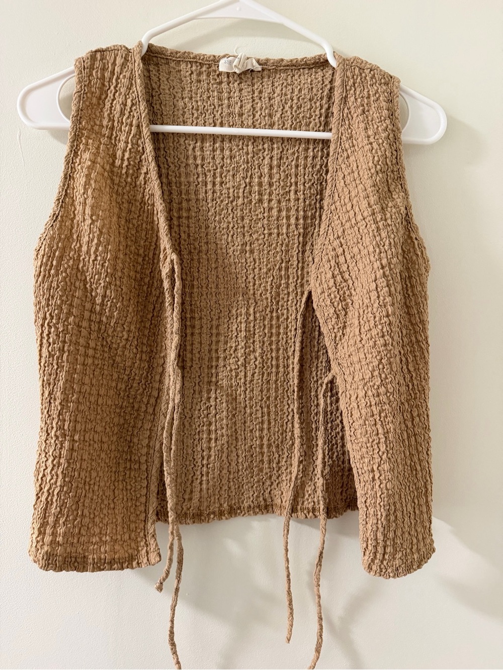 See You Monday Tan Textured Open-Front Sweater Vest with Tie